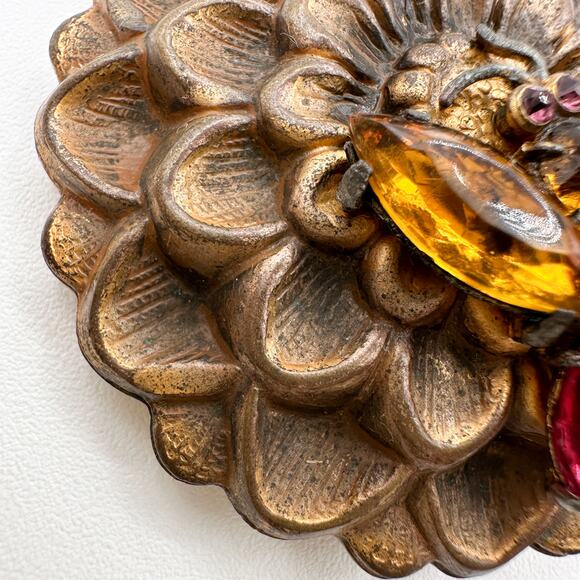 Gold Tone Floral Butterfly Brooch Likely Czech Art Glass Multi-Color c 1930s-40s - Picture 5 of 13